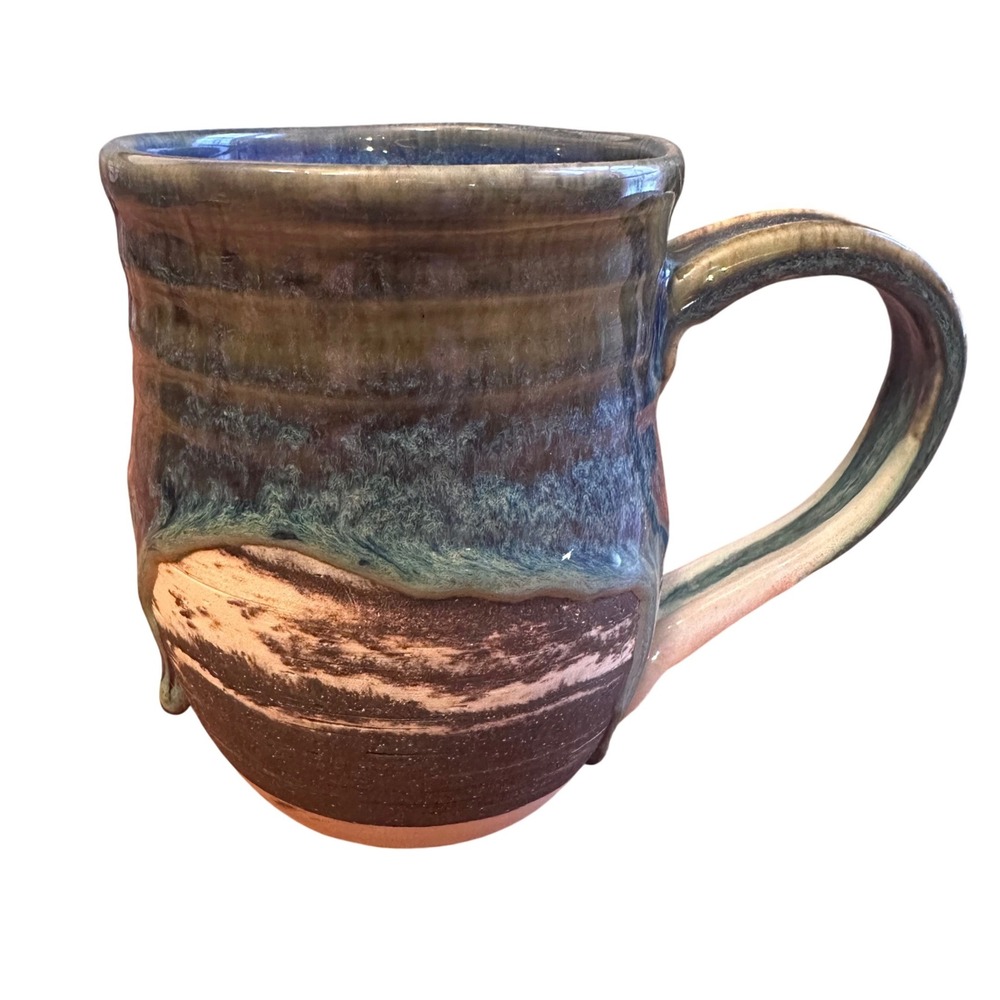 Lisa White Studio Pottery Drip Glaze Coffee Mug Blue Brown Signed